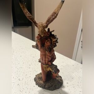 Vintage Native American Indian with Wolf Dog & Eagle Figurine RARE collectible